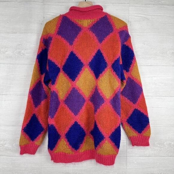 Vintage Rolled Neck Sweater Women M Mohair Blend Whimsical Diamond Oversized Y2K - Picture 7 of 12